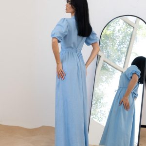 Linen Wrap Dress Puff Sleeve Vneck Midi Ecofriendly