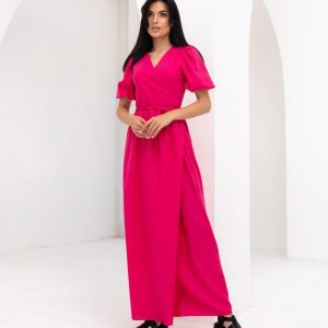 Linen Wrap Dress Puff Sleeve Vneck Midi Ecofriendly