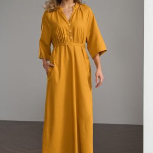 Linen Midi Dress Eco Summer Raglan Sleeve Draped