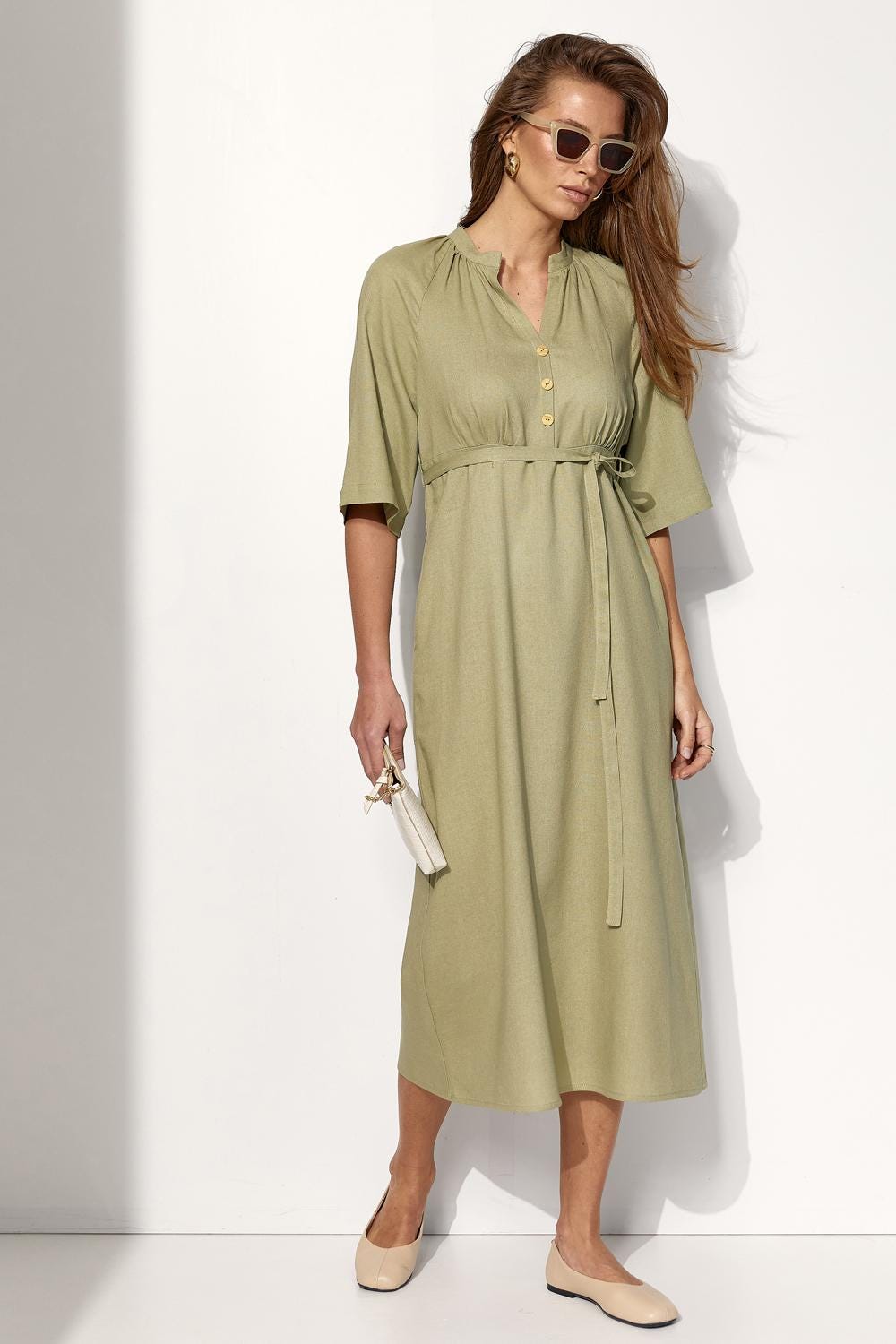 Linen Midi Dress Eco Summer Raglan Sleeve Draped