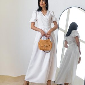 Linen Wrap Dress Puff Sleeve Vneck Midi Ecofriendly