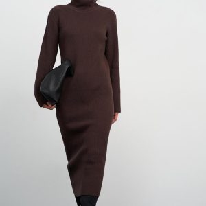 Ribbed Turtleneck Midi Dress Long Sleeve Knit Bodycon