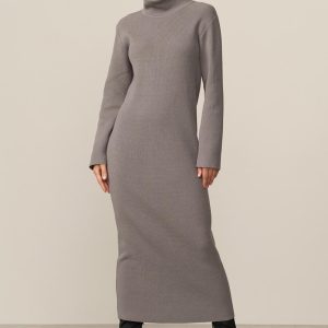 Ribbed Turtleneck Midi Dress Long Sleeve Knit Bodycon