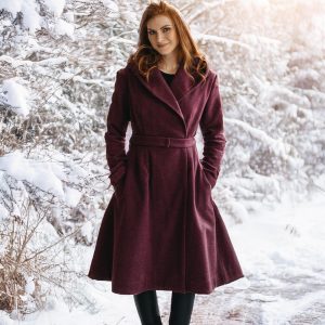 Merino Wool Midi Coat With Hood Burgundy Winter