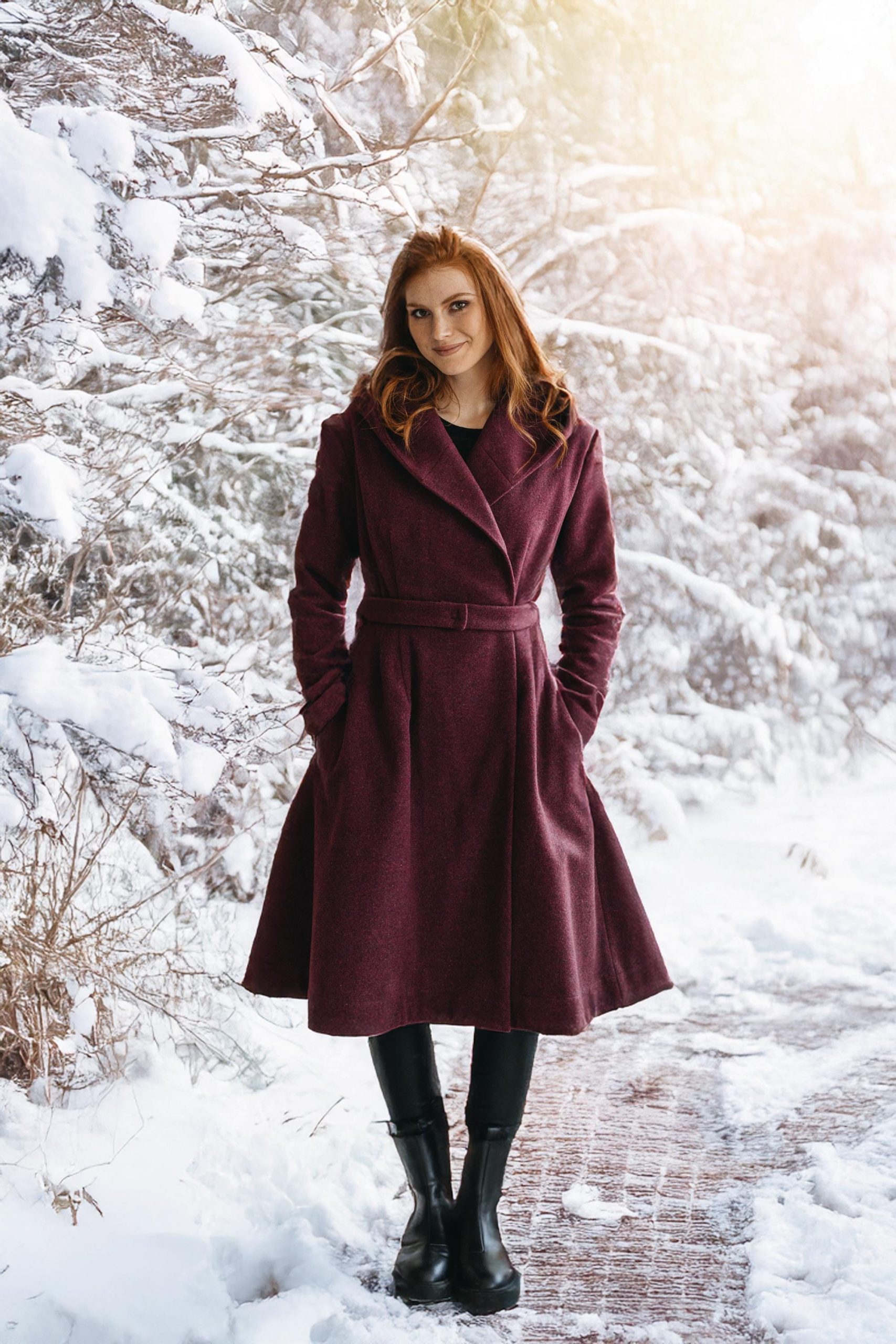 Merino Wool Midi Coat With Hood Burgundy Winter