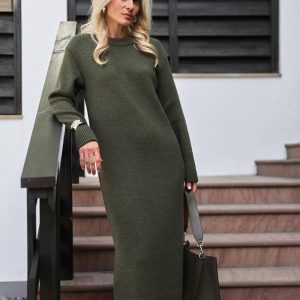 Wool Knit Midi Dress With Detachable Collar Long
