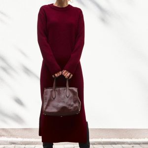 Wool Knit Midi Dress With Detachable Collar Long