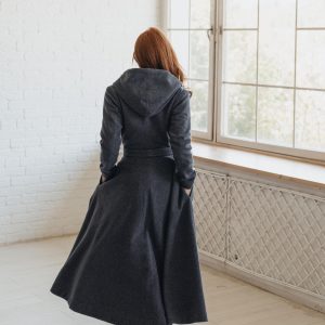 Merino Wool Maxi Coat: Women's Hooded Winter Swing