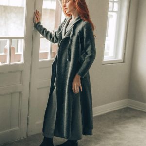 Gray Long Wool Cardigan Open Front Coat With