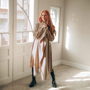 Powder Beige Wool Cardigan Coat: Asymmetrical Wrap Jacket