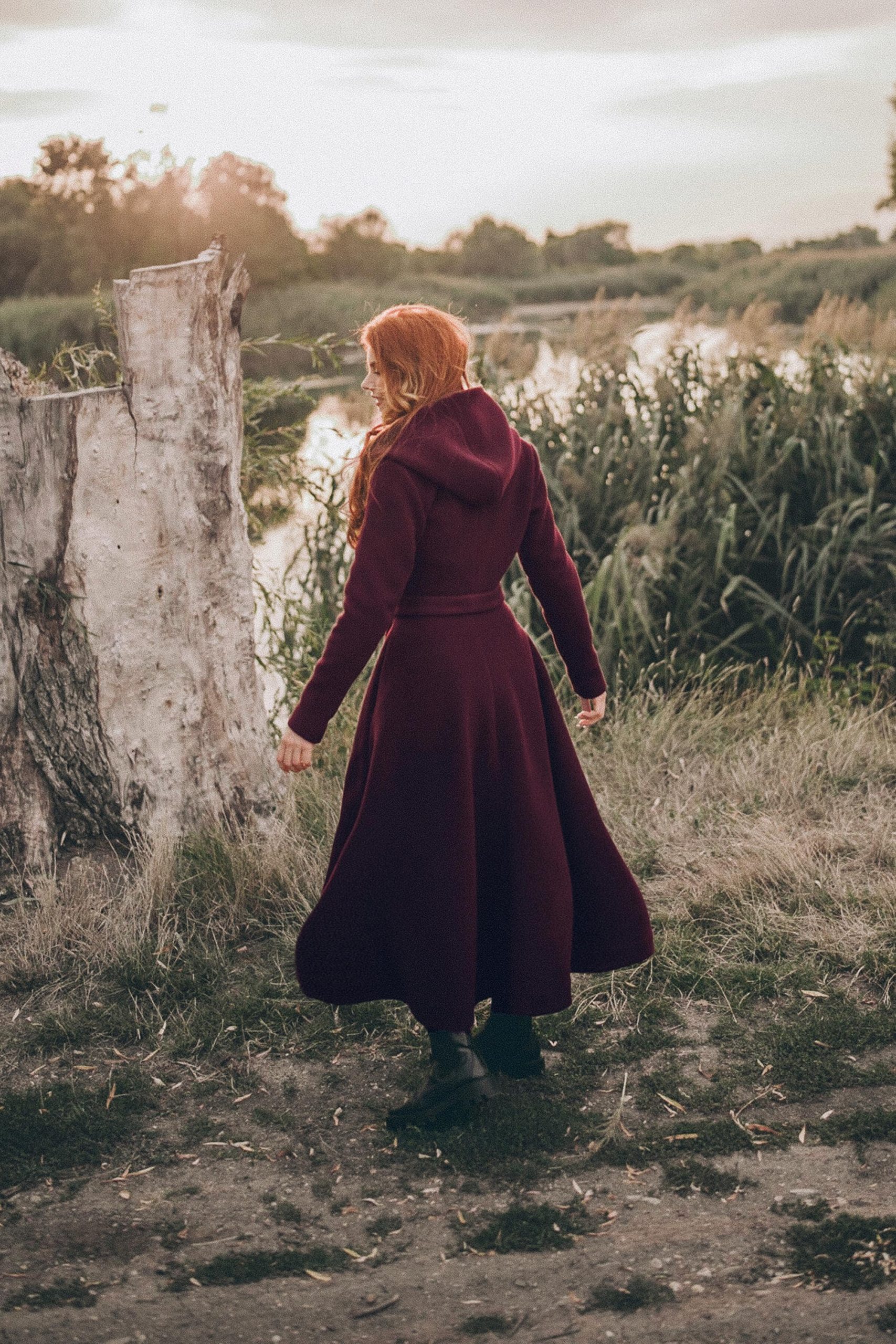 Wool Coat For Women Burgundy Winter With Hood