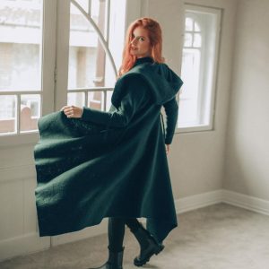 Deep Green Wool Cardigan Coat For Women Hooded