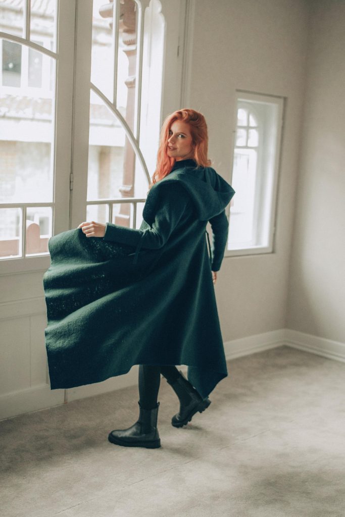 Deep Green Wool Cardigan Coat For Women Hooded