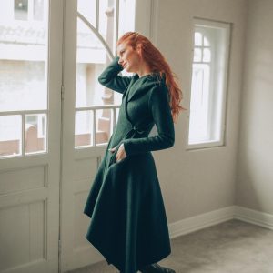 Deep Green Wool Cardigan Coat For Women Hooded