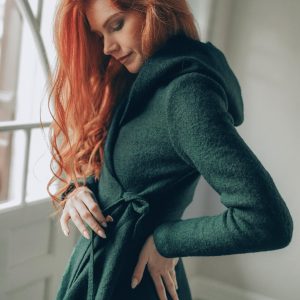 Deep Green Wool Cardigan Coat For Women Hooded