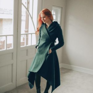 Deep Green Wool Cardigan Coat For Women Hooded