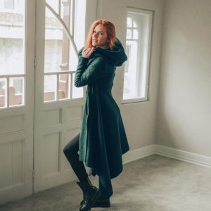 Deep Green Wool Cardigan Coat For Women Hooded