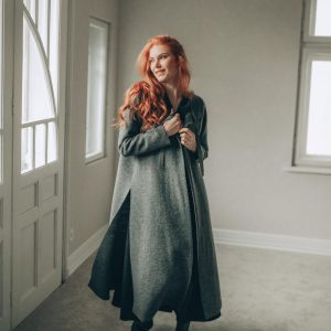 Gray Long Wool Cardigan Open Front Coat With