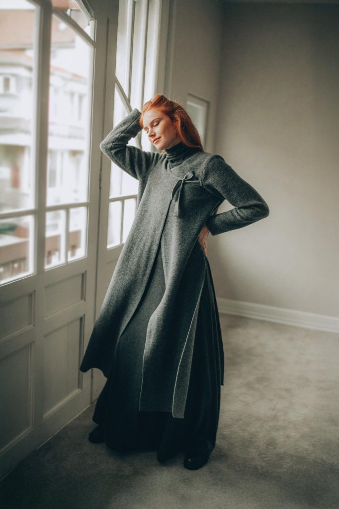 Gray Long Wool Cardigan Open Front Coat With