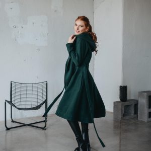 Merino Wool Midi Coat Hooded Princess Style Tie