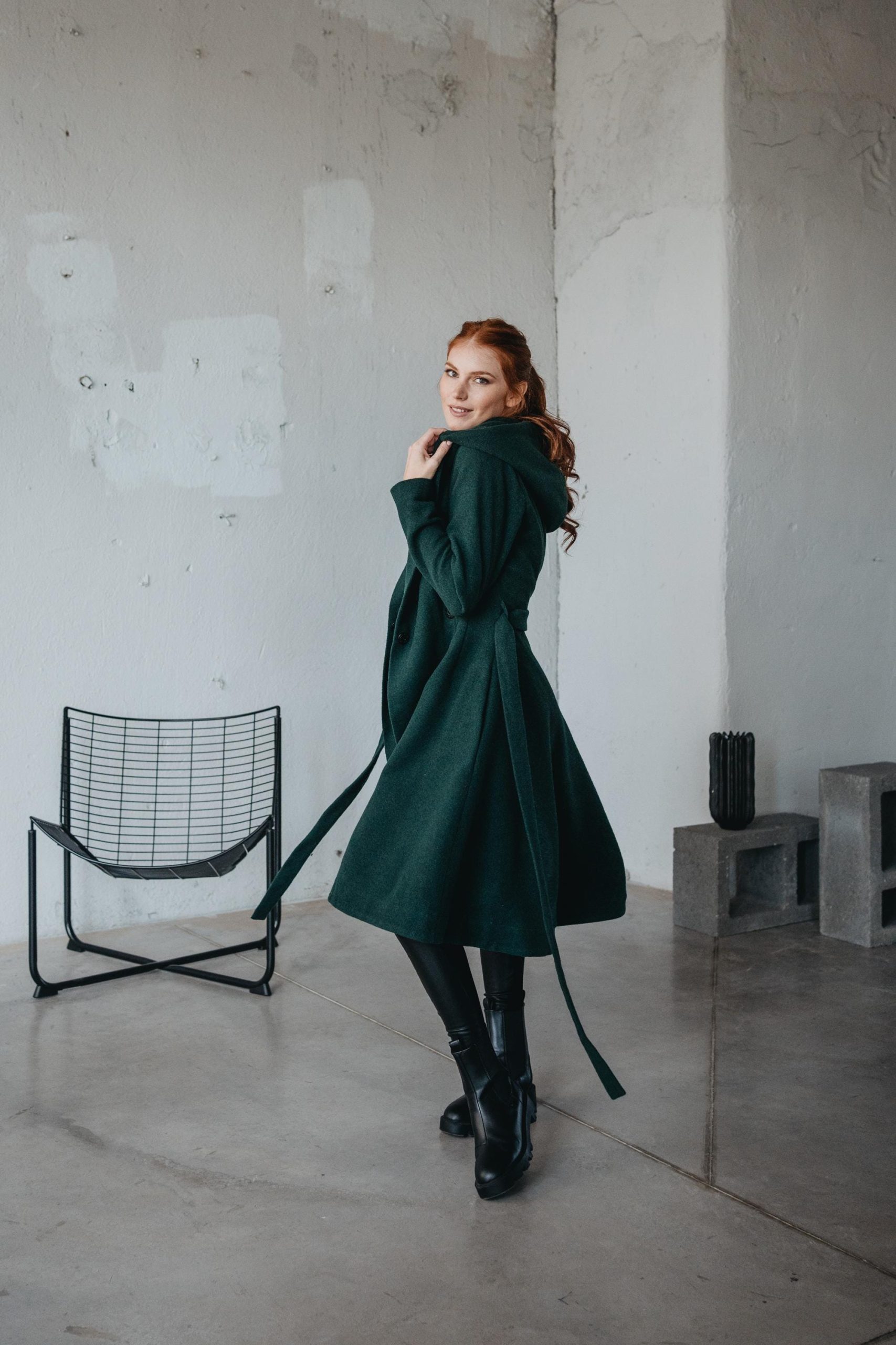 Merino Wool Midi Coat Hooded Princess Style Tie