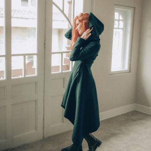 Deep Green Wool Cardigan Coat For Women Hooded
